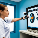 **

A futuristic rehabilitation clinic. A stroke patient uses a robotic arm to practice reaching for objects. The robot arm is sleek and modern. A physical therapist observes data displayed on a nearby screen, analyzing the patient's progress in real-time. The environment is bright and encouraging. Focus on the patient's determined expression and the integration of technology and human care.

**
