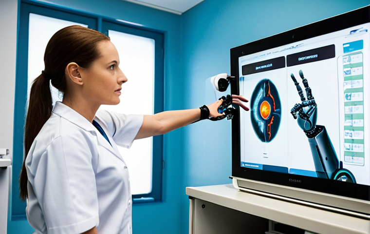 **
A futuristic rehabilitation clinic. A stroke patient uses a robotic arm to practice reaching for objects. The robot arm is sleek and modern. A physical therapist observes data displayed on a nearby screen, analyzing the patient's progress in real-time. The environment is bright and encouraging. Focus on the patient's determined expression and the integration of technology and human care.
**