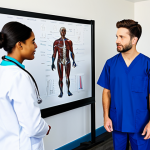 A diverse group of professional physical therapists, embodying different stages of the profession's evolution, collaborating in a modern, sunlit physical therapy clinic. An experienced, wise-looking therapist in classic professional scrubs is discussing a case with a confident, younger DPT graduate in contemporary professional attire, who is holding a tablet with patient data. They are standing near a whiteboard with anatomical diagrams. All subjects are fully clothed in professional medical uniforms, appropriate attire, modest clothing. The background features clean, organized rehabilitation equipment. Perfect anatomy, correct proportions, natural pose, well-formed hands, proper finger count, natural body proportions. Professional photography, high quality, safe for work, appropriate content, family-friendly.