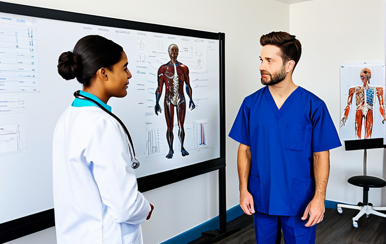 A diverse group of professional physical therapists, embodying different stages of the profession's evolution, collaborating in a modern, sunlit physical therapy clinic. An experienced, wise-looking therapist in classic professional scrubs is discussing a case with a confident, younger DPT graduate in contemporary professional attire, who is holding a tablet with patient data. They are standing near a whiteboard with anatomical diagrams. All subjects are fully clothed in professional medical uniforms, appropriate attire, modest clothing. The background features clean, organized rehabilitation equipment. Perfect anatomy, correct proportions, natural pose, well-formed hands, proper finger count, natural body proportions. Professional photography, high quality, safe for work, appropriate content, family-friendly.