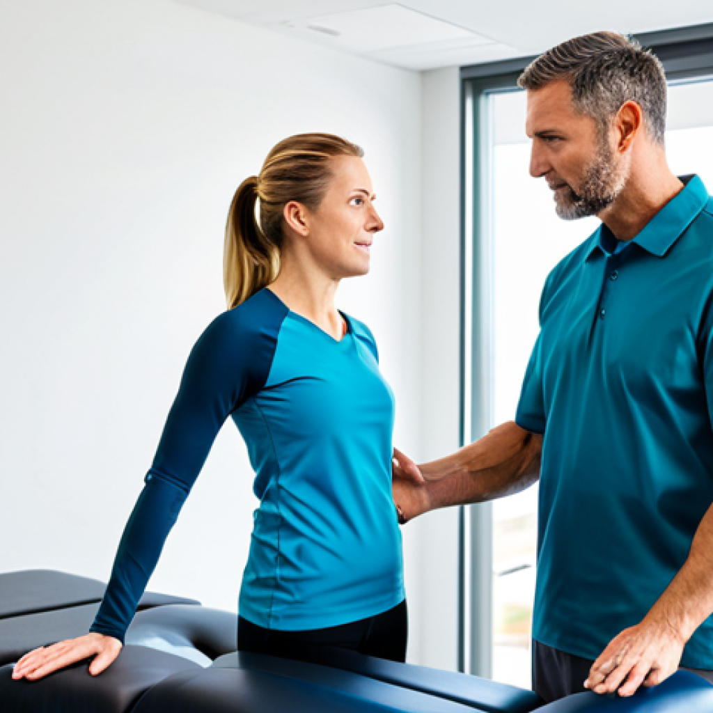 A professional physical therapist, an adult male, is attentively observing an adult female patient in a modern, brightly lit physical therapy clinic. The patient, fully clothed in comfortable, modest athletic wear, is performing a guided movement exercise. Sleek, non-intrusive smart sensors are subtly visible on her limbs. The therapist stands next to a clear tablet displaying detailed, colorful graphs and data points illustrating her movement kinematics and physiological metrics. The clinic background features clean lines, natural light, and professional, state-of-the-art equipment. This image is appropriate attire, professional dress, safe for work, appropriate content, family-friendly. Perfect anatomy, correct proportions, natural pose, well-formed hands, proper finger count, natural body proportions, professional photography, high quality.