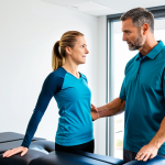 A professional physical therapist, an adult male, is attentively observing an adult female patient in a modern, brightly lit physical therapy clinic. The patient, fully clothed in comfortable, modest athletic wear, is performing a guided movement exercise. Sleek, non-intrusive smart sensors are subtly visible on her limbs. The therapist stands next to a clear tablet displaying detailed, colorful graphs and data points illustrating her movement kinematics and physiological metrics. The clinic background features clean lines, natural light, and professional, state-of-the-art equipment. This image is appropriate attire, professional dress, safe for work, appropriate content, family-friendly. Perfect anatomy, correct proportions, natural pose, well-formed hands, proper finger count, natural body proportions, professional photography, high quality.