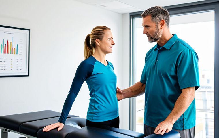 A professional physical therapist, an adult male, is attentively observing an adult female patient in a modern, brightly lit physical therapy clinic. The patient, fully clothed in comfortable, modest athletic wear, is performing a guided movement exercise. Sleek, non-intrusive smart sensors are subtly visible on her limbs. The therapist stands next to a clear tablet displaying detailed, colorful graphs and data points illustrating her movement kinematics and physiological metrics. The clinic background features clean lines, natural light, and professional, state-of-the-art equipment. This image is appropriate attire, professional dress, safe for work, appropriate content, family-friendly. Perfect anatomy, correct proportions, natural pose, well-formed hands, proper finger count, natural body proportions, professional photography, high quality.