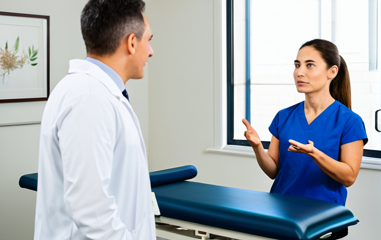 A professional physical therapist, in a modest professional uniform, attentively listening to a male patient, fully clothed in comfortable athletic wear. They are in a bright, clean physical therapy clinic with modern equipment in the background. The therapist is leaning in slightly, maintaining eye contact, demonstrating active listening and empathetic inquiry. The patient is gesturing subtly while speaking. Professional lighting, high-quality photography, perfect anatomy, correct proportions, natural pose, well-formed hands, proper finger count, natural body proportions, safe for work, appropriate content, fully clothed, professional, family-friendly.