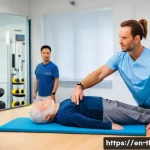물리치료사 취업 시장 동향 - **Specialized Vestibular Rehabilitation:** A focused female physical therapist (30s, wearing profess...