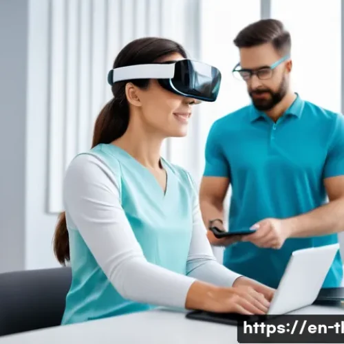 물리치료사의 최신 트렌드 - A modern physical therapy clinic scene showcasing a diverse adult patient wearing sensor-embedded sm...