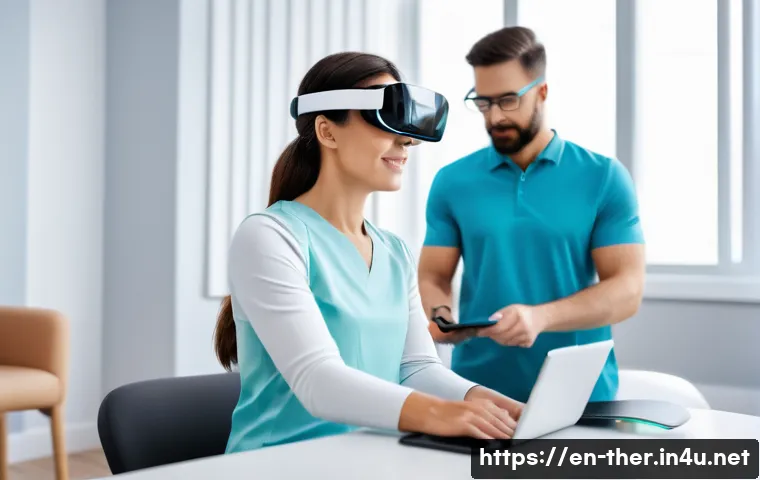 물리치료사의 최신 트렌드 - A modern physical therapy clinic scene showcasing a diverse adult patient wearing sensor-embedded sm...