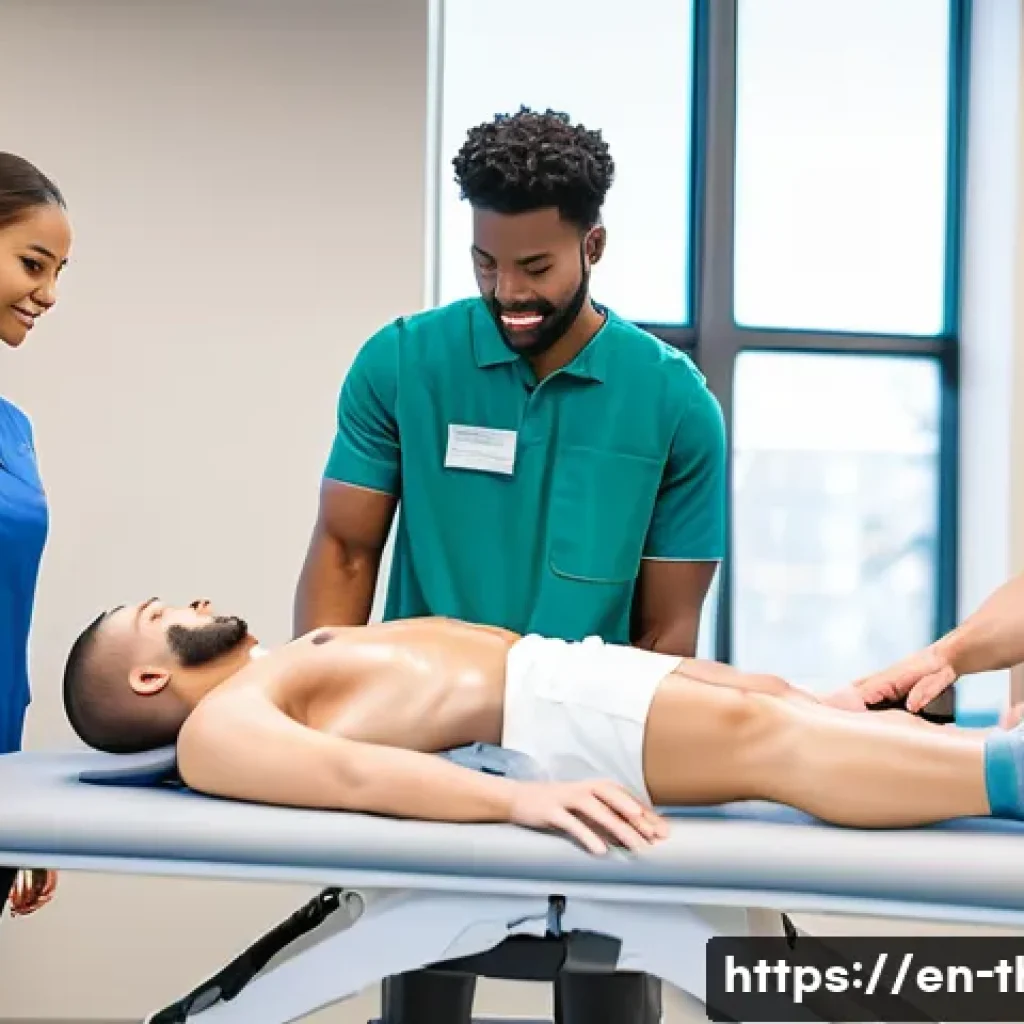물리치료사의 효율적 공부 방법 - A diverse group of physical therapy students engaged in a hands-on learning session inside a bright,...