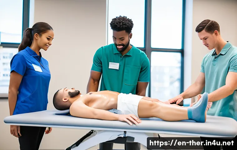 물리치료사의 효율적 공부 방법 - A diverse group of physical therapy students engaged in a hands-on learning session inside a bright,...