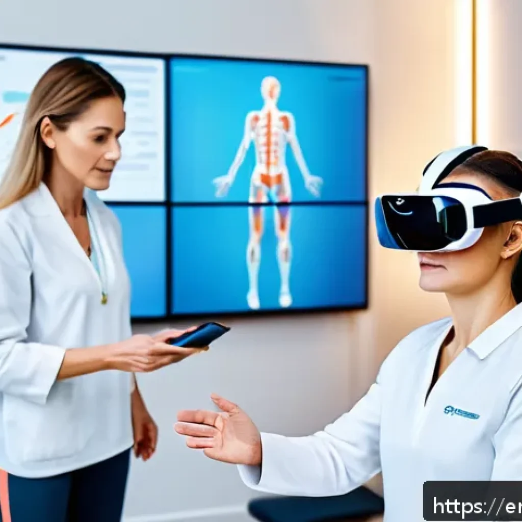 물리치료사 전문 학회와 세미나 - A modern physical therapy clinic room featuring a middle-aged female patient wearing comfortable ath...