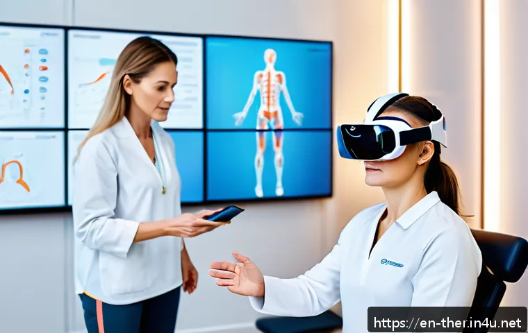물리치료사 전문 학회와 세미나 - A modern physical therapy clinic room featuring a middle-aged female patient wearing comfortable ath...