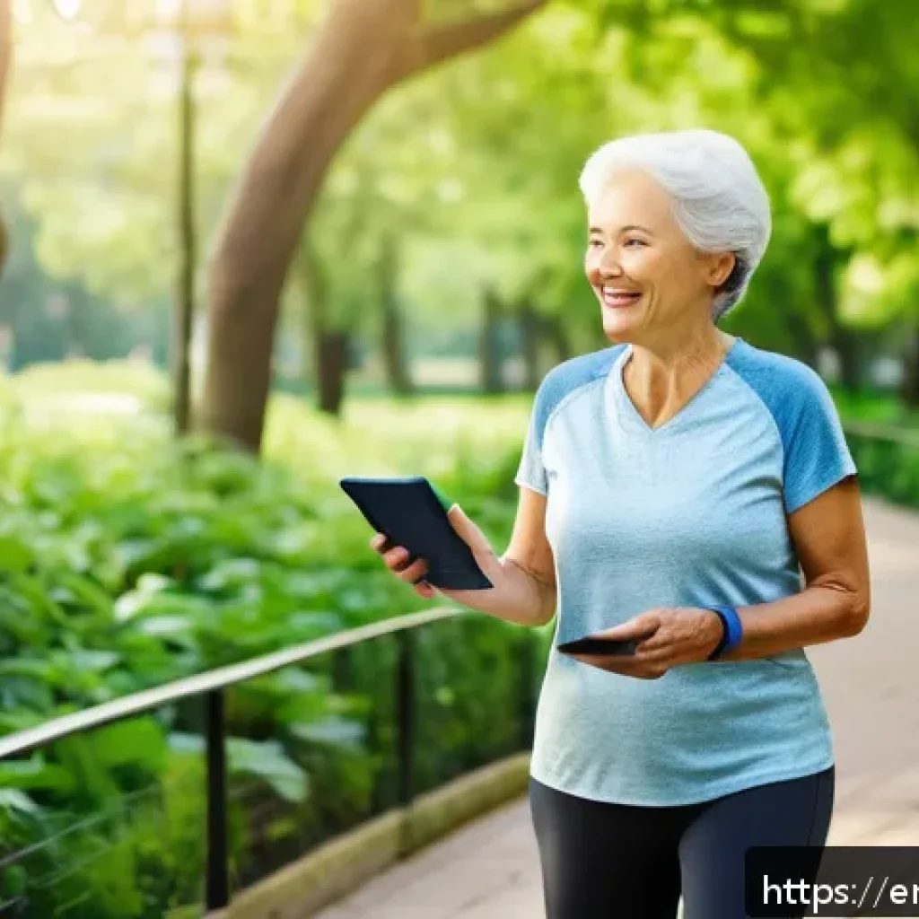 물리치료사의 고령화 사회 대응 전략 - A senior woman wearing comfortable activewear and smart insoles walking confidently along a bright, ...
