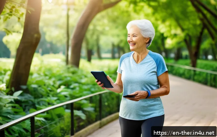 물리치료사의 고령화 사회 대응 전략 - A senior woman wearing comfortable activewear and smart insoles walking confidently along a bright, ...