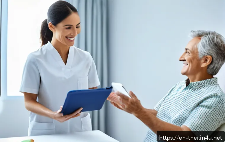 물리치료사의 효과적인 시간 관리 - A professional physical therapist in a modern clinic warmly greeting a middle-aged patient, both smi...