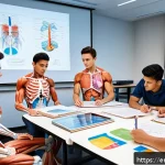 물리치료사 전공 과목 학습법 - A detailed study scene showing a diverse group of college students engaged in a collaborative anatom...