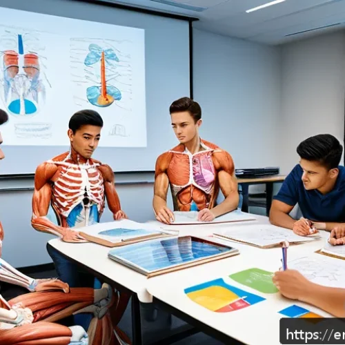물리치료사 전공 과목 학습법 - A detailed study scene showing a diverse group of college students engaged in a collaborative anatom...