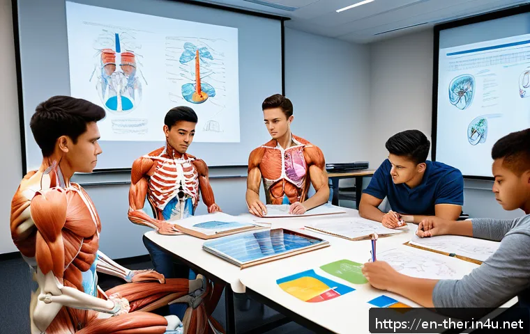 물리치료사 전공 과목 학습법 - A detailed study scene showing a diverse group of college students engaged in a collaborative anatom...