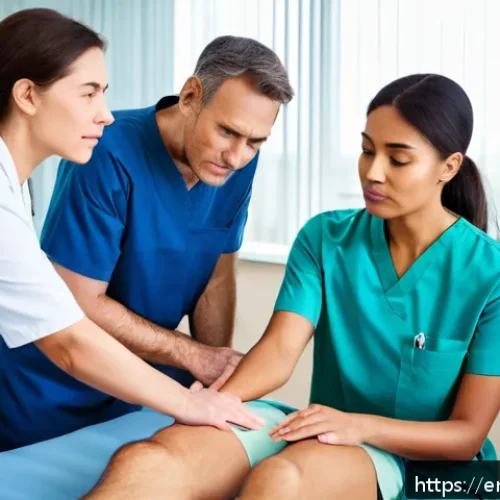 물리치료 실습에서 배우는 것들 - A diverse group of physical therapy students in a modern outpatient clinic, attentively observing an...