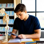 물리치료사 중점 과목 정리 - Photorealistic physical therapy student studying core subjects at a bright American university libra...