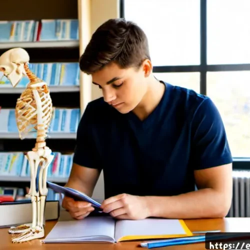 물리치료사 중점 과목 정리 - Photorealistic physical therapy student studying core subjects at a bright American university libra...