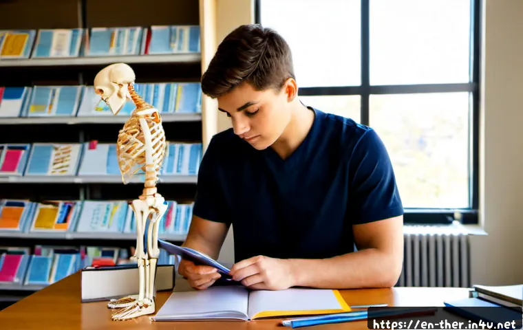 물리치료사 중점 과목 정리 - Photorealistic physical therapy student studying core subjects at a bright American university libra...