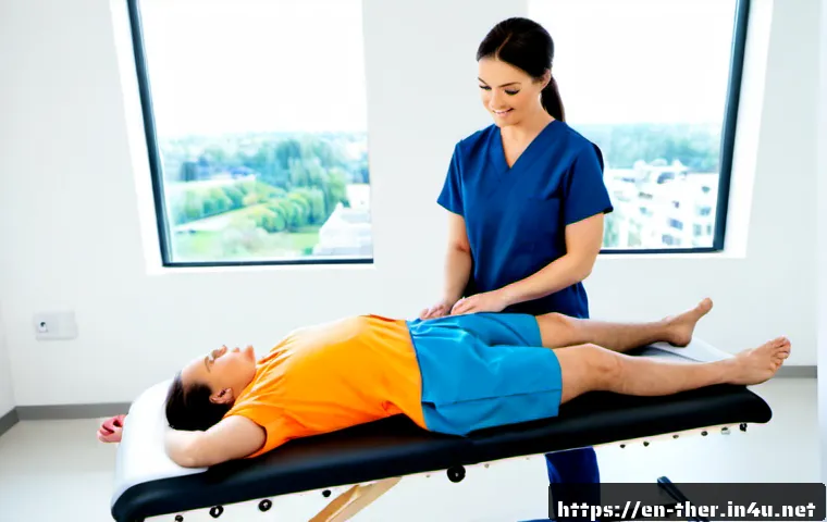 물리치료사의 임상 케이스 연구 - Photorealistic physical therapy clinical case study scene in a modern outpatient rehabilitation clin...