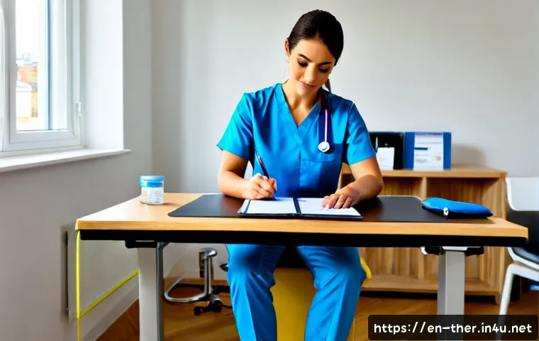 물리치료사의 업무 일지 활용법 - Photorealistic physical therapist in a bright modern rehabilitation clinic, seated at a clean desk a...