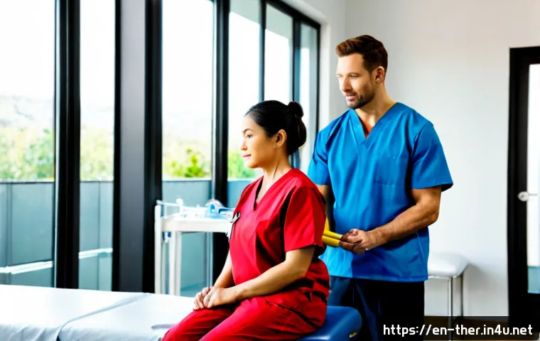 물리치료사의 직무 역량 강화 - Photorealistic rehabilitation clinic scene, a licensed physical therapist in clean professional scru...